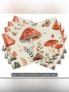 NWT Cottagecore Mushroom Placemats Set of 4 Watercolor Snail Butterfly 12x18